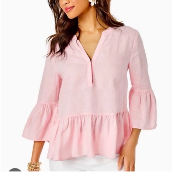 🌴 Lilly Pulitzer Bekah 3/4 Sleeve Linen Top Tunic Pink Ruffle Hem XL Long Roomy - Picture 1 of 14
